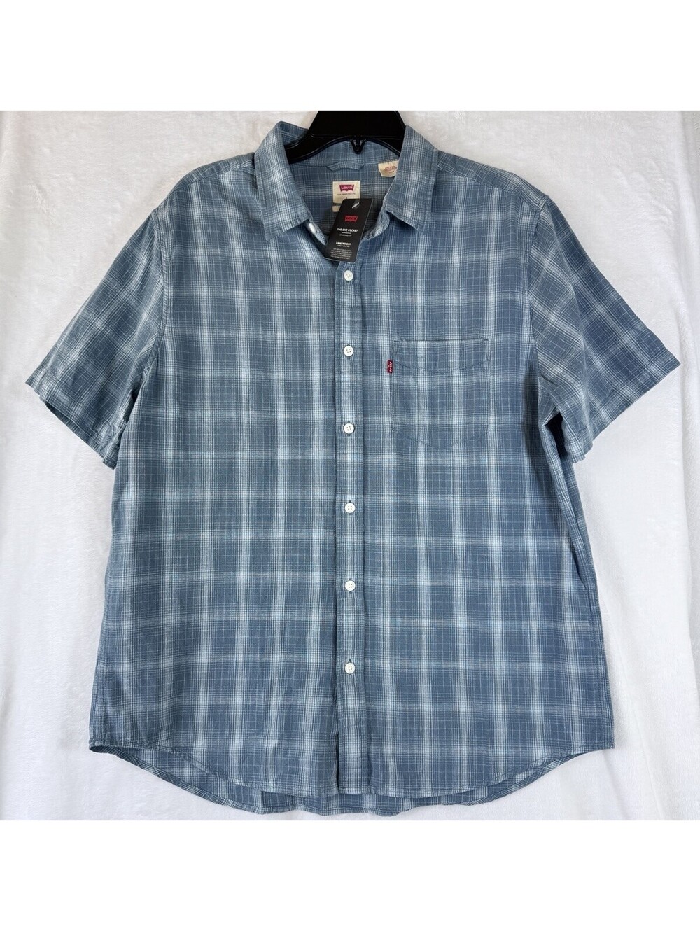 Levis Shirt Large Mens The One Pocket Blue Plaid Linen Blend Short Sleeve New